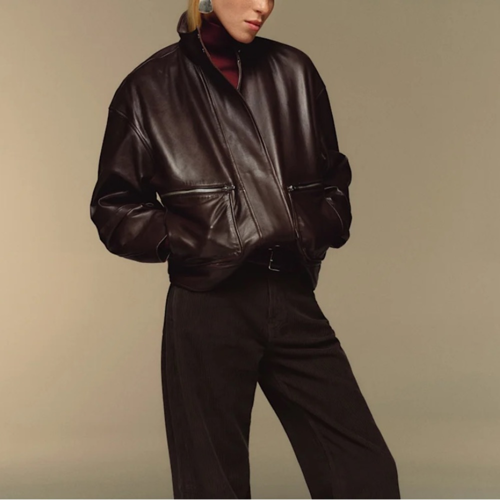 Reformation Veda Harrison Leather Oversized Bomber Jacket Brown XS NEW - Picture 2 of 5